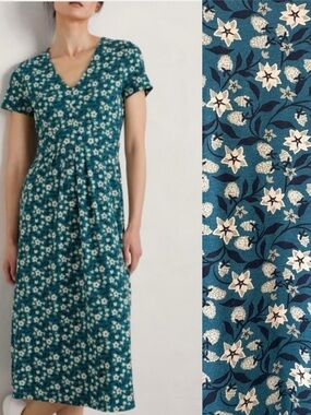 Seasalt Cornwall Teal Blue Flower Bud Short Sleeve V neck Midi Dress 16 Tall